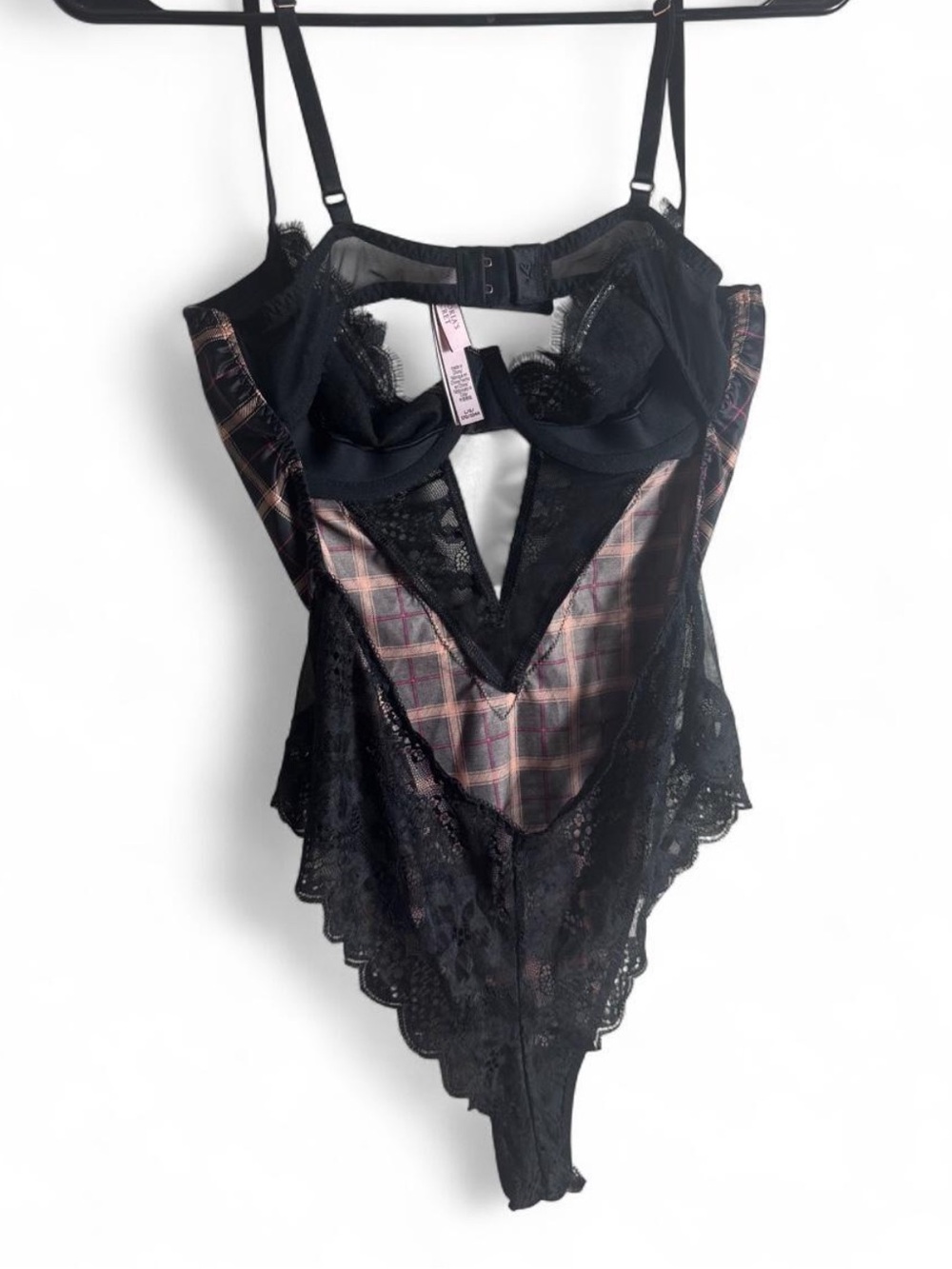 Victoria's Secret Black Plaid Lace-Trim Chemise Bodysuit - Picture 3 of 7